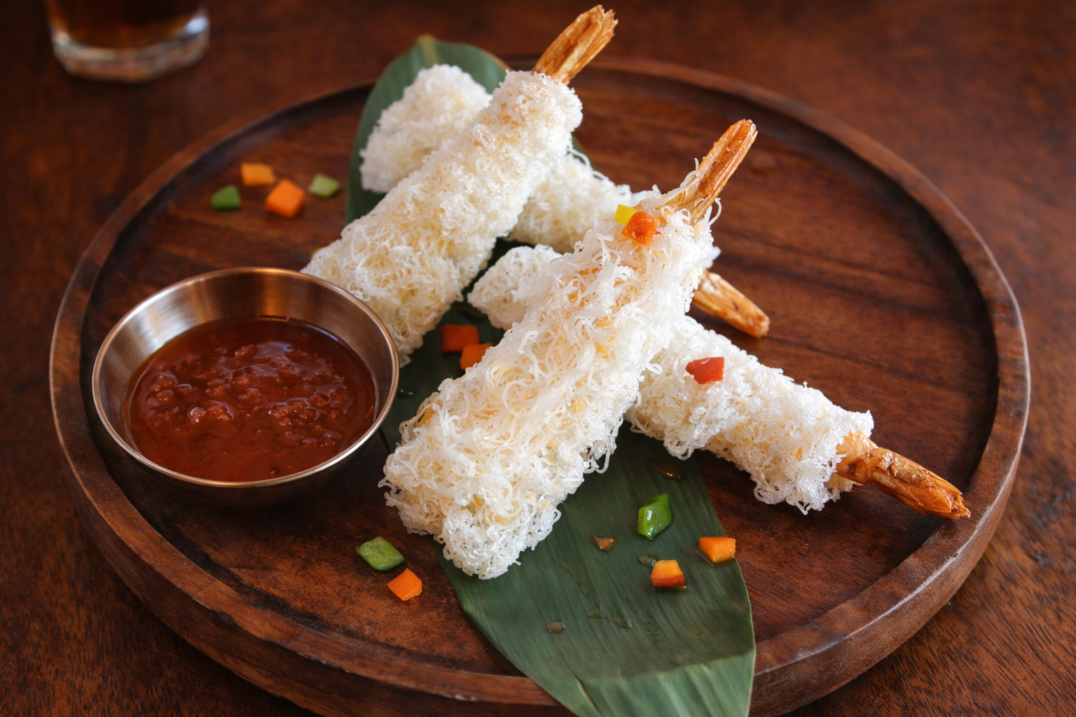 Fried shrimp with dipping sauce on a wood plate.
