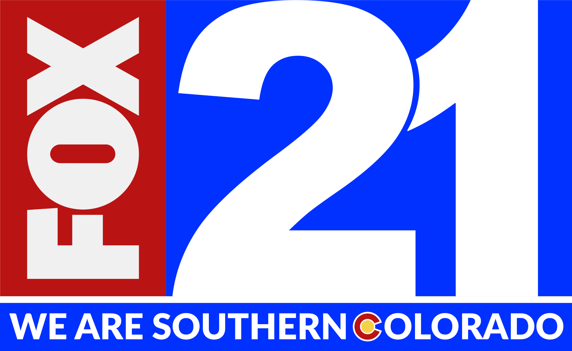A poster for the 2021 Colorado Democratic caucus with red, white, and blue colors, large white text of '2021', and a slogan at the bottom in white text on a blue background that says 'WE ARE SOUTHERN COLORADO'.