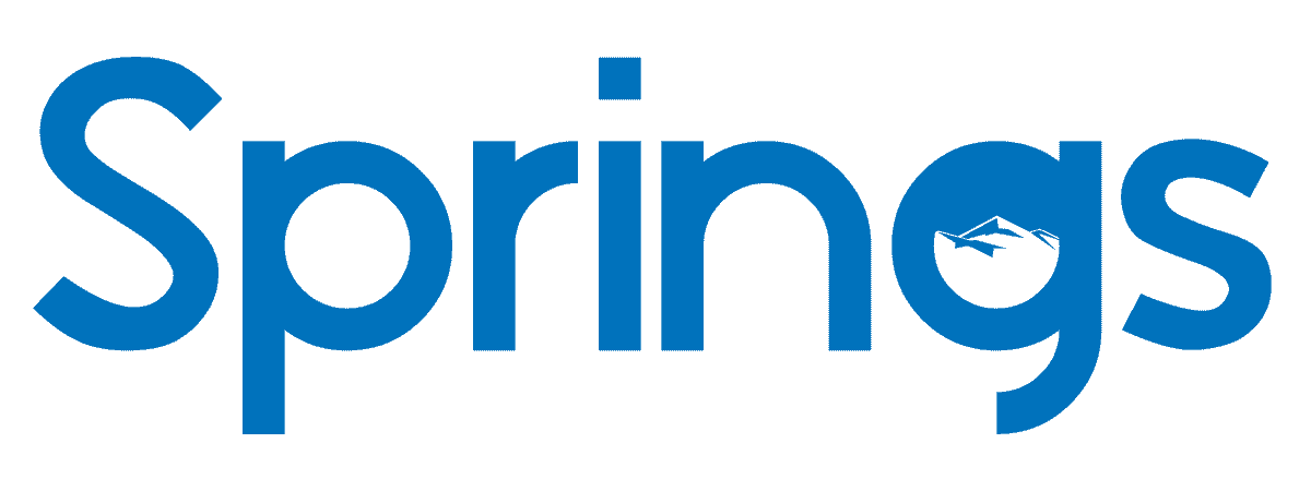 Graphic design with the word 'Springs' in large blue letters, with a small swimmer icon inside the letter 'g'.