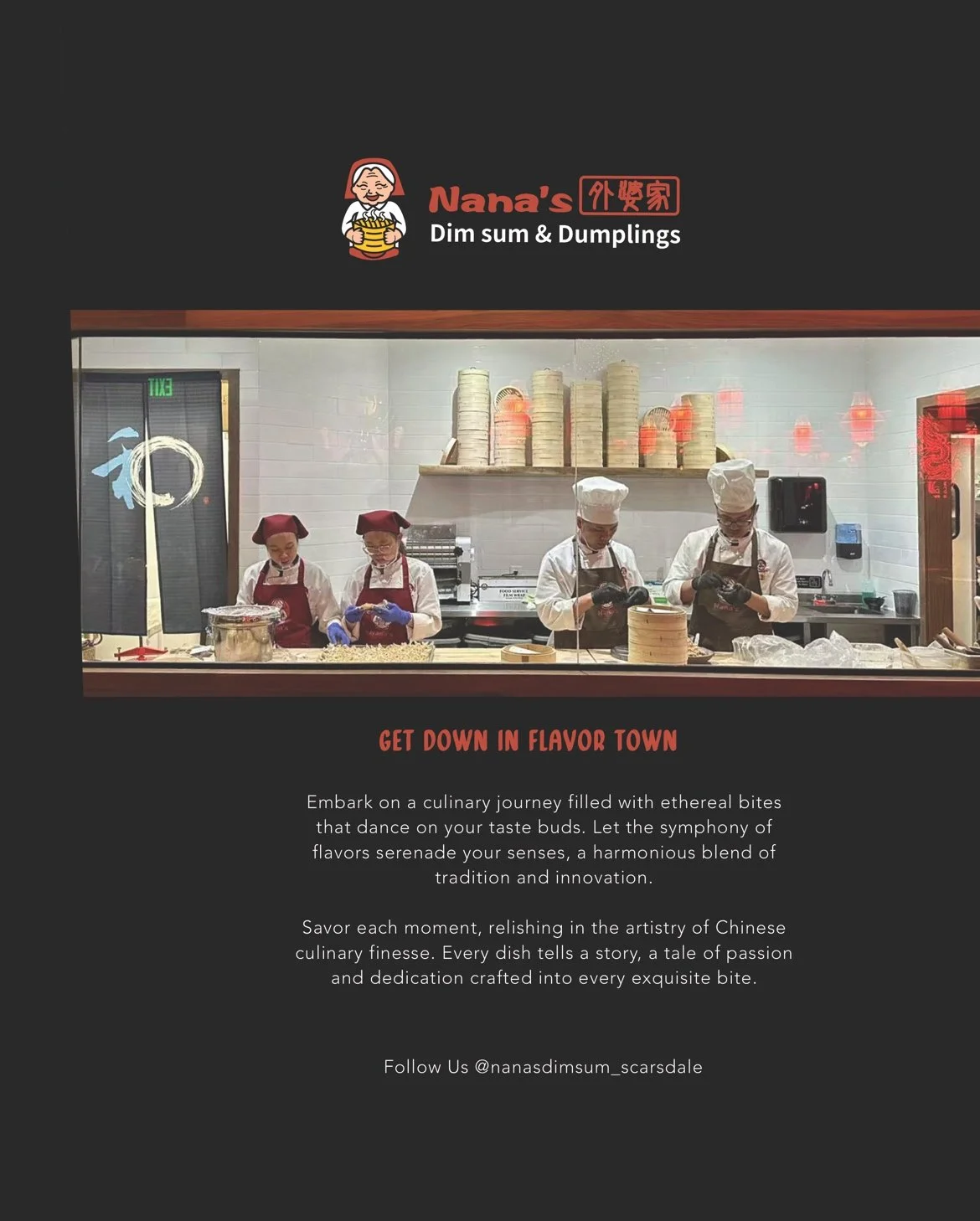 Interior view of Nana's Dim Sum & Dumplings restaurant with staff preparing food behind the counter, upside-down bamboo steamers on a shelf, and a promotional message about Chinese cuisine.