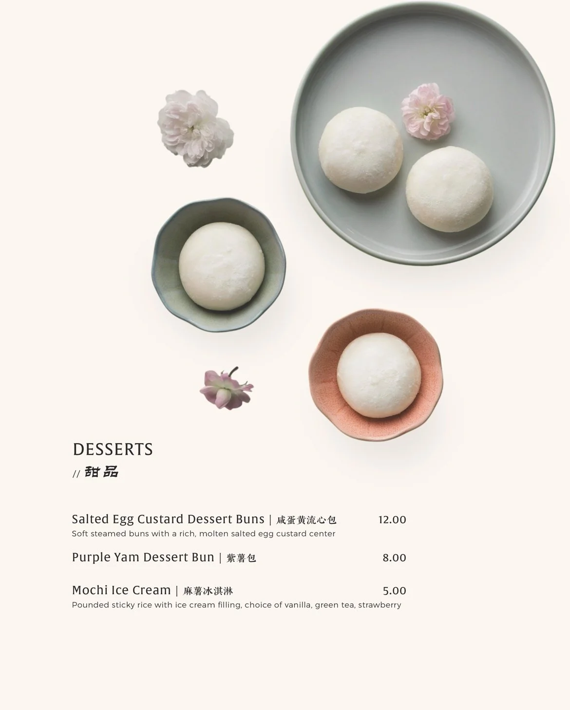 A menu with three dessert options: salted egg custard buns, purple yam dessert buns, and mochi ice cream, accompanied by a photo of the buns and ice cream on plates with flowers.