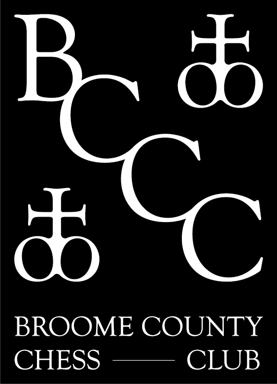 Black background with white chess piece symbols and text reading 'Broome County Chess Club.'