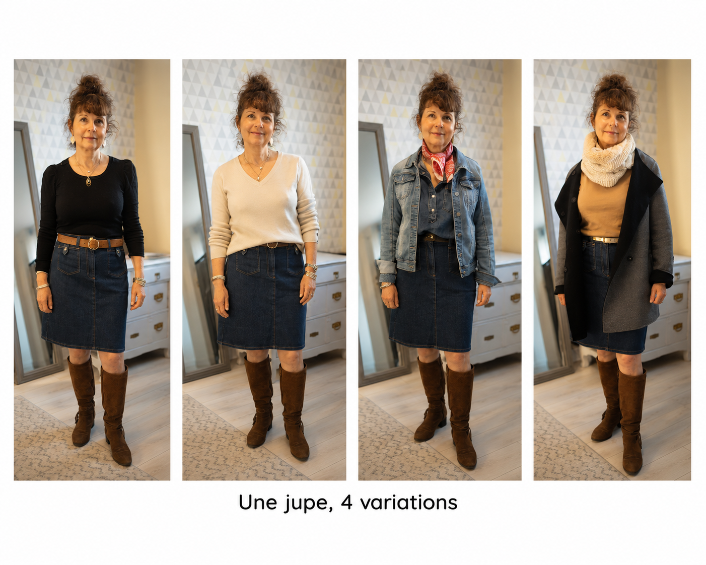 Une femme porte une jupe en jean dans quatre styles différents, accompagnée de divers hauts et accessoires, dans une salle de chambre.