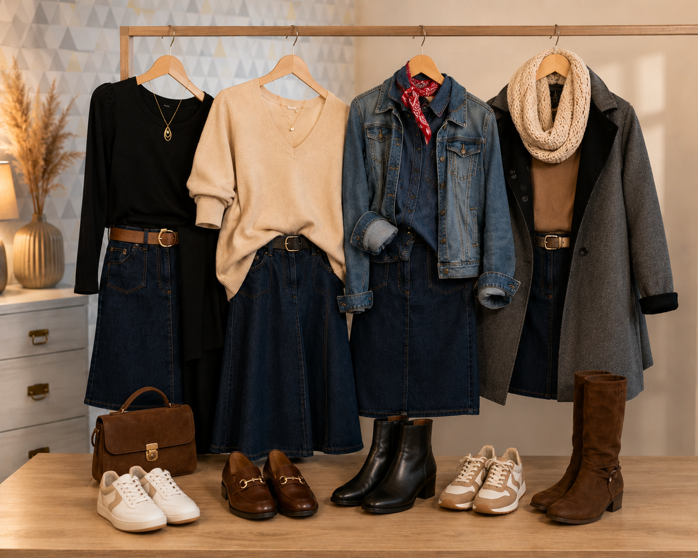 Une sélection de vêtements et chaussures pour femmes, comprenant des jupes en denim, des pulls, des vestes en jean, des manteaux, des chaussures en cuir blanc, beige et marron, des bottes en cuir marron et des bottes en daim marron, ainsi qu'un sac à main marron.\n