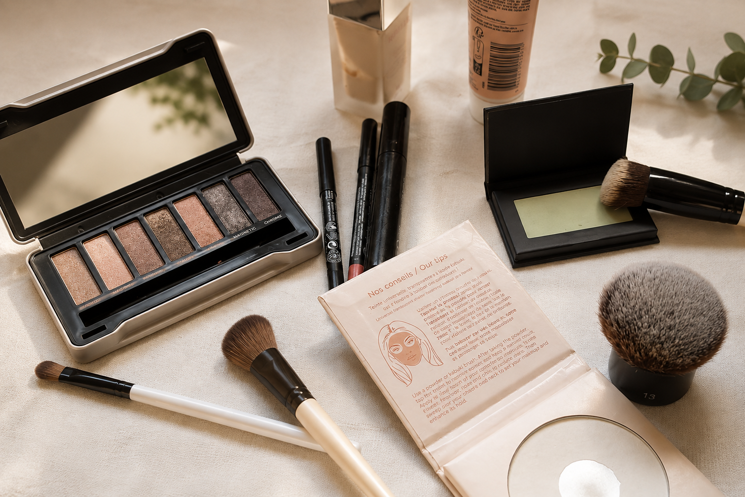 Une collection de maquillage comprenant une palette de fards à paupières, plusieurs pinceaux, un miroir, un correcteur en bâton, un blush, et un produit en tube, disposés sur une surface claire.