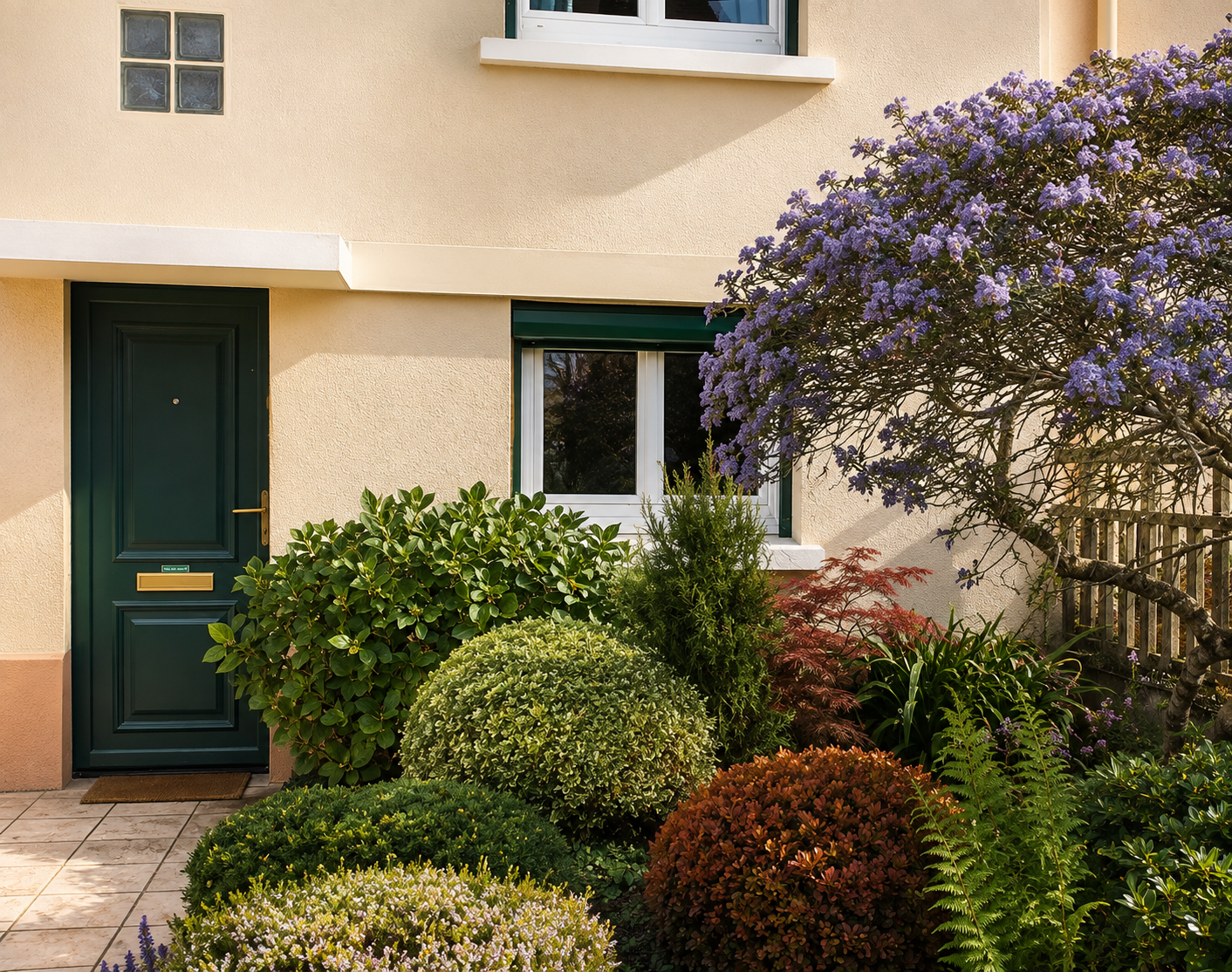 Fachade d'une maison beige avec une porte verte et une fenêtre, entourée de divers arbustes et fleurs dont un arbuste à fleurs violettes.