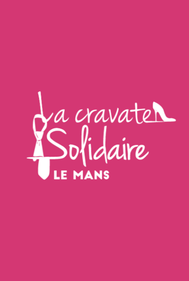 Logo rose avec le texte 'la cravate solidaire le MANS' et des images d'une cravate et d'un talon haut en blanc.