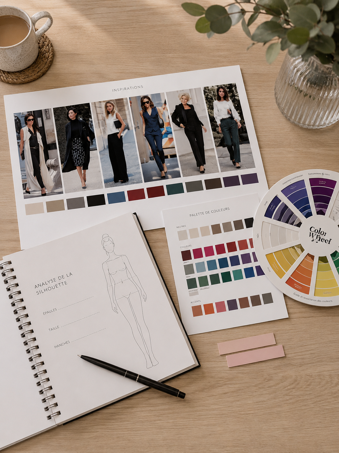 Tableau d'inspiration avec plusieurs modèles de vêtements féminins, échantillons de couleurs, roue de couleurs, carnet de croquis avec dessin de silhouette, une tasse de café, un vase avec des feuilles vertes, et un stylo sur une table en bois.