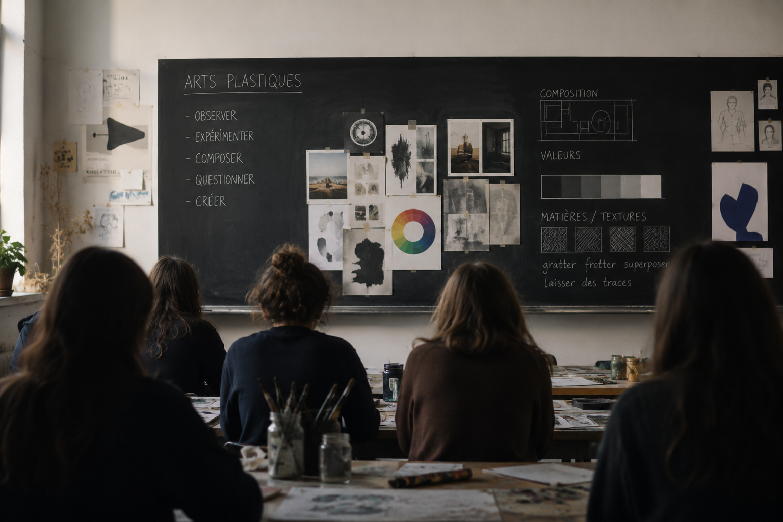 Salle de classe avec un tableau noir où sont écrits des mots en français, et des étudiants assis à des tables avec du matériel artistique.