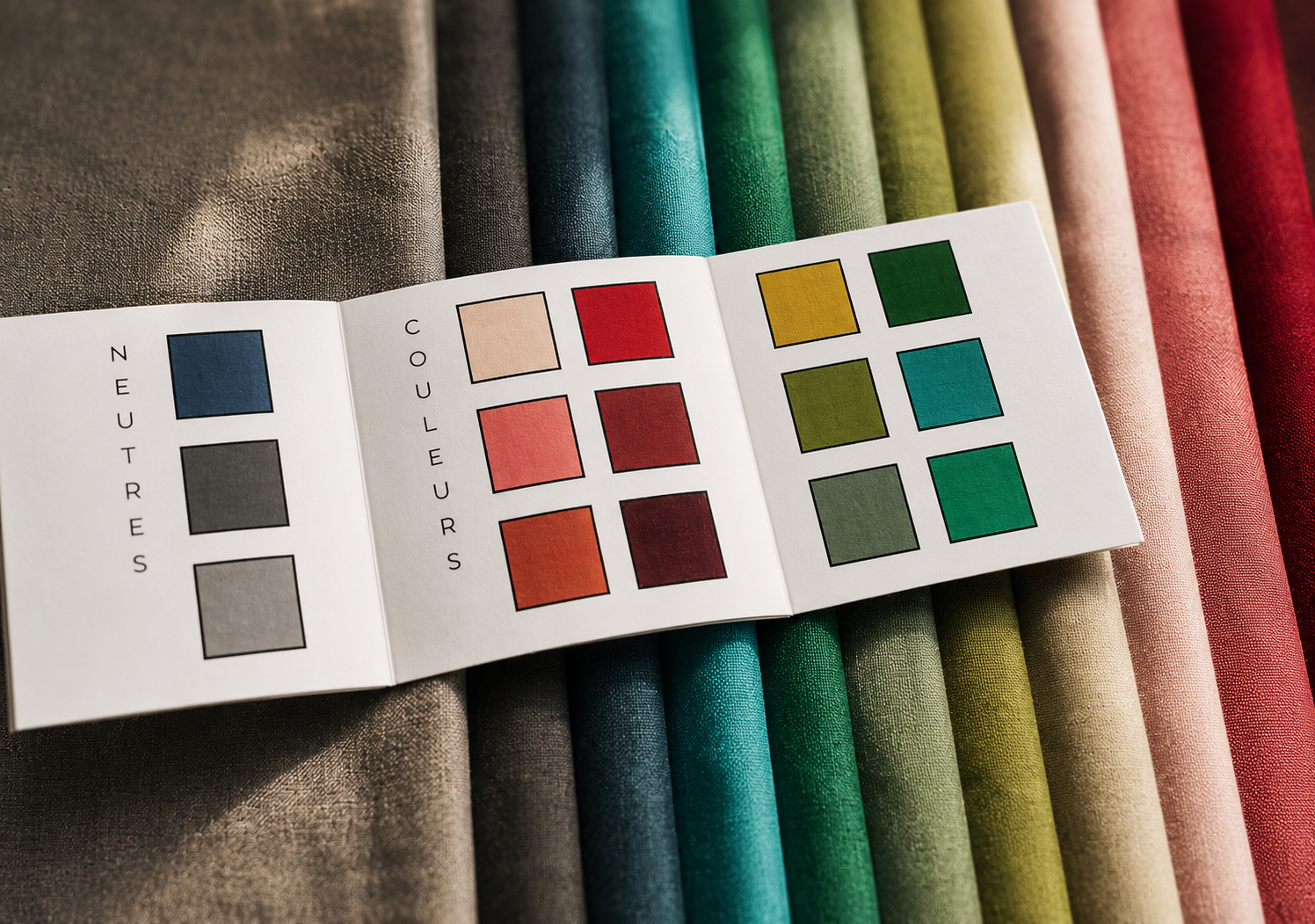 Échantillons de tissus de différentes couleurs avec un guide de couleurs affiché en premier plan, comprenant des nuances de bleu, gris, rouge, vert, jaune, et orange.