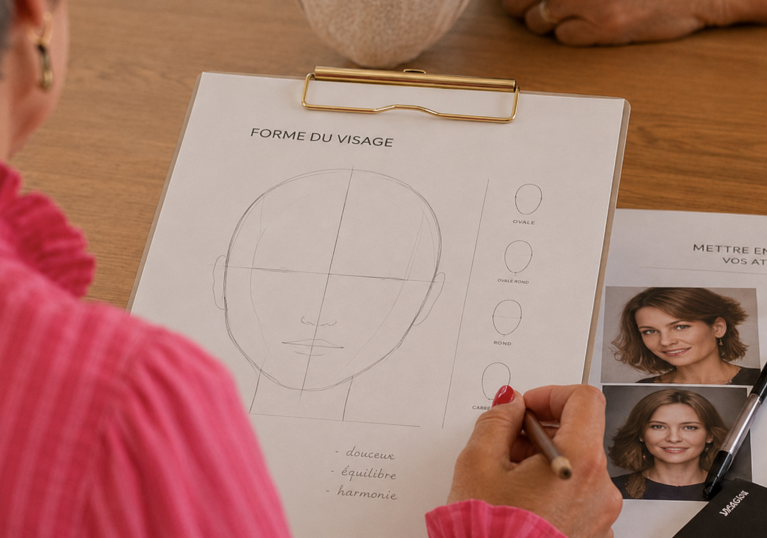 Une feuille avec un croquis d'un visage et des options pour la forme du visage (ovale, ovale rond, rond, carré) sur un bureau en bois, à côté d'une photo d'une femme avec un sourire détendu.