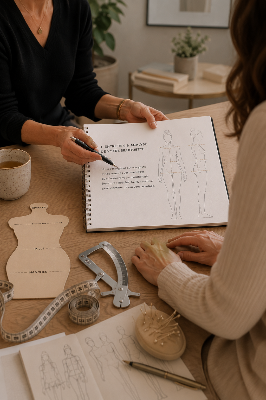Une femme en vêtements noirs montre à une autre femme une diagramme du corps humain sur un carnet, dans une ambiance de bureau avec des outils de mesure pour la confection de vêtements ou la silhouette.
