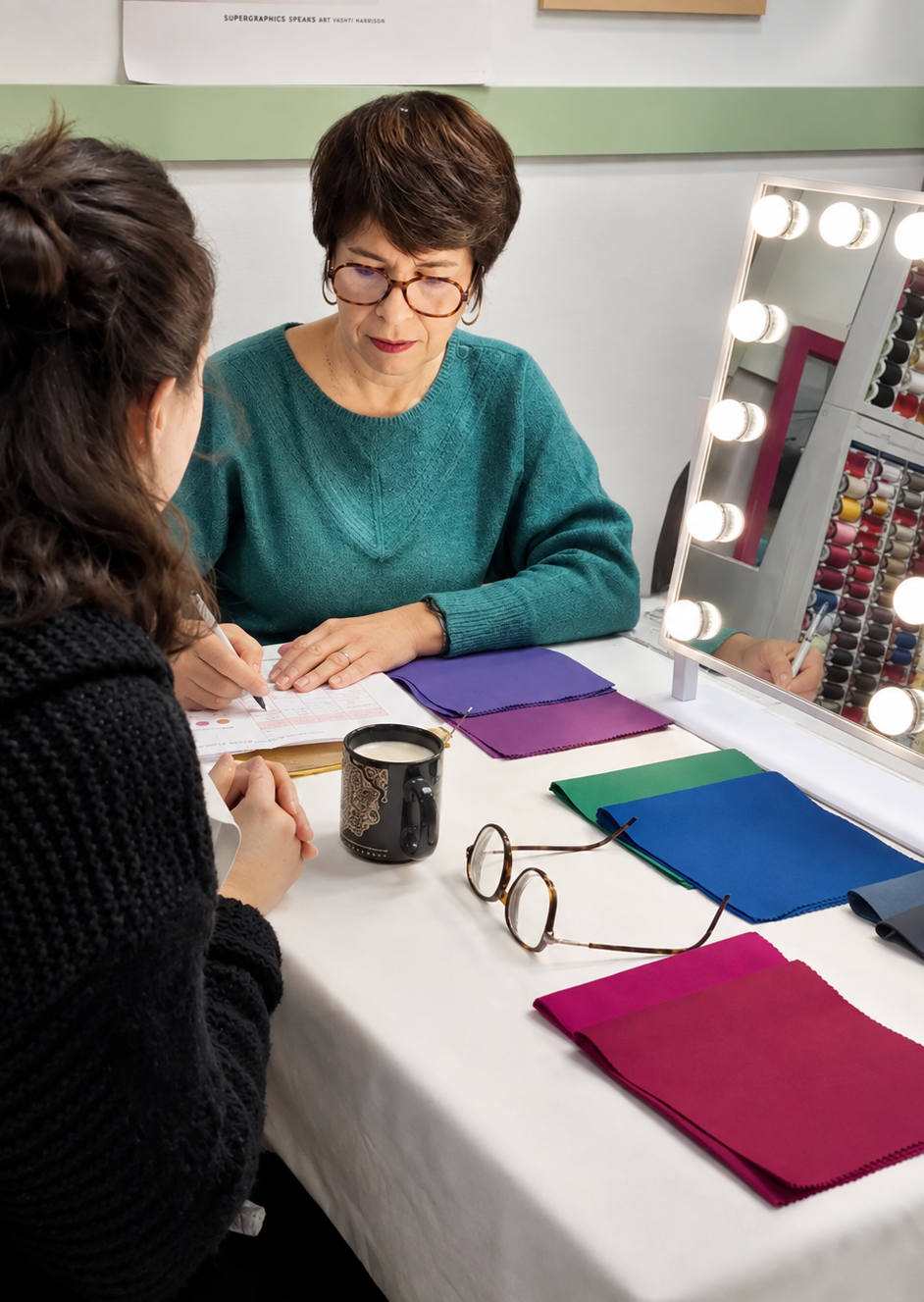 Deux femmes discutent à une table avec des échantillons de tissu colorés, une tasse de café, une paire de lunettes et un miroir éclairé.