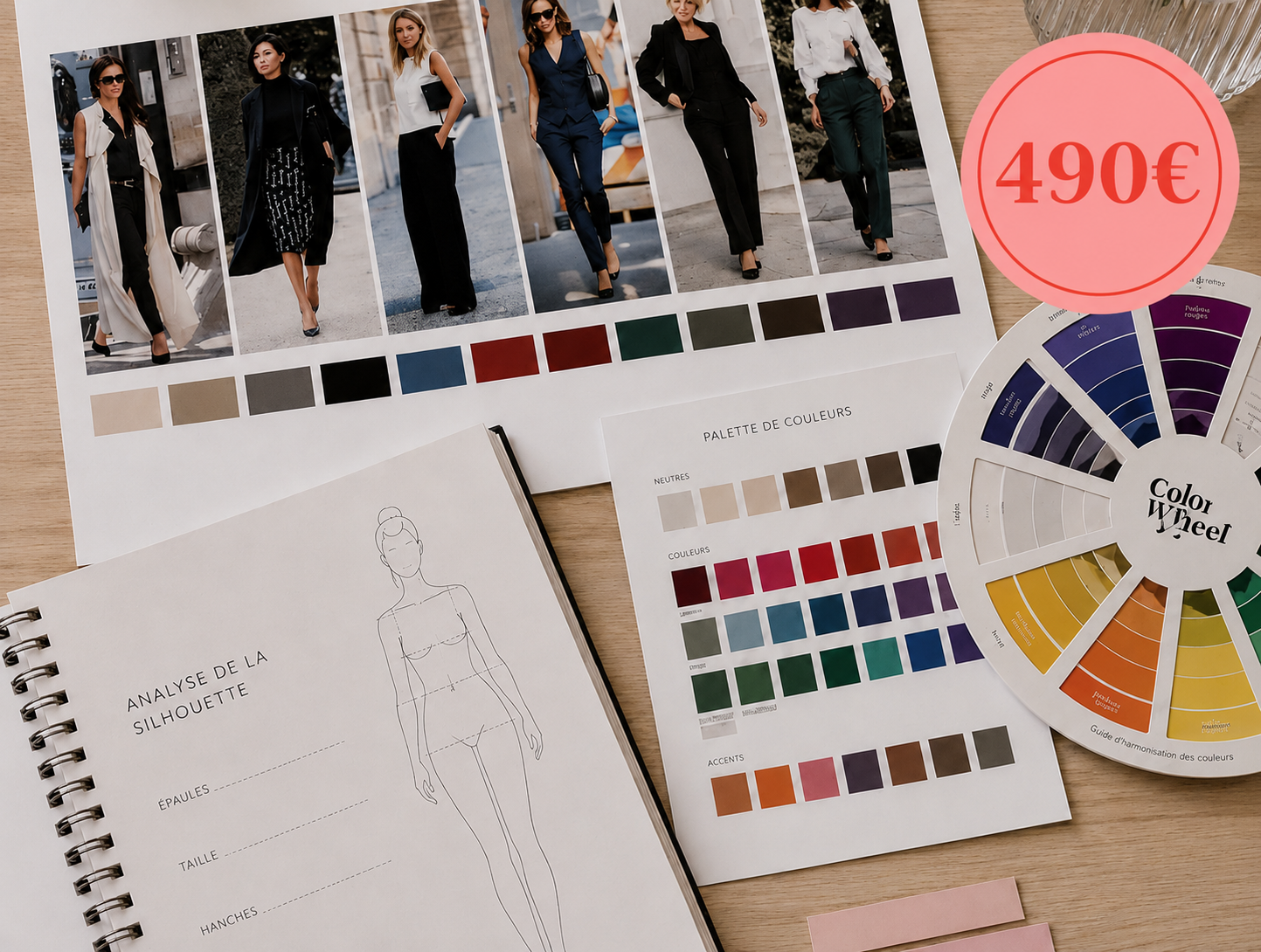 Tableau de couleurs et échantillons pour la conception de vêtements, avec un portfolio de modèles féminins, une palette de couleurs neutres, chaudes et froides, et un cercle chromatique. Prix de 490€ affiché en rouge.