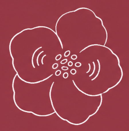Illustration simple d'une fleur stylisée avec quatre pétales, en blanc sur fond dégradé rouge.