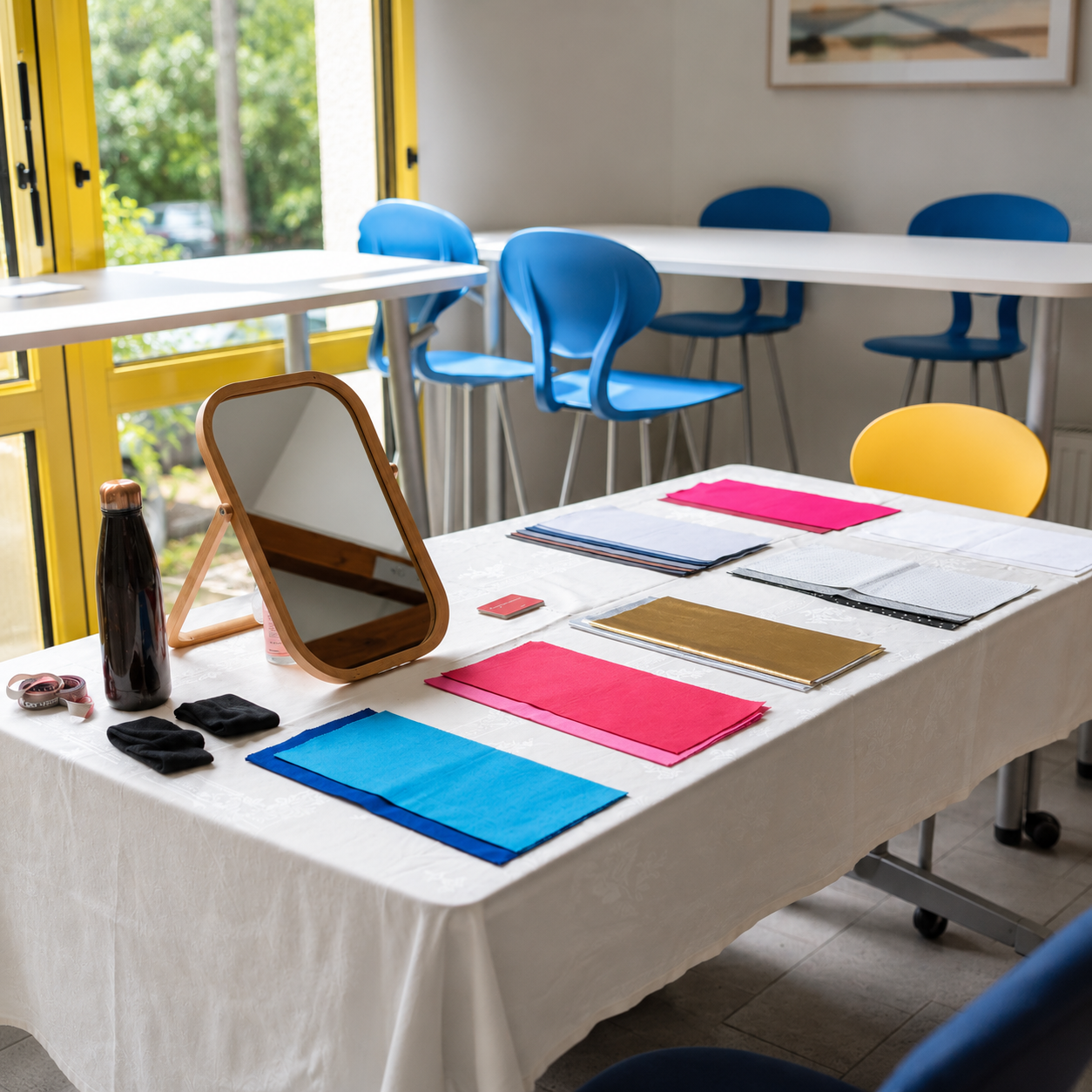 Une table de travail avec des tissus colorés, un miroir, une bouteille d'eau, et d'autres accessoires, dans une salle lumineuse avec des chaises bleues et une grande fenêtre ouverte sur l'extérieur.