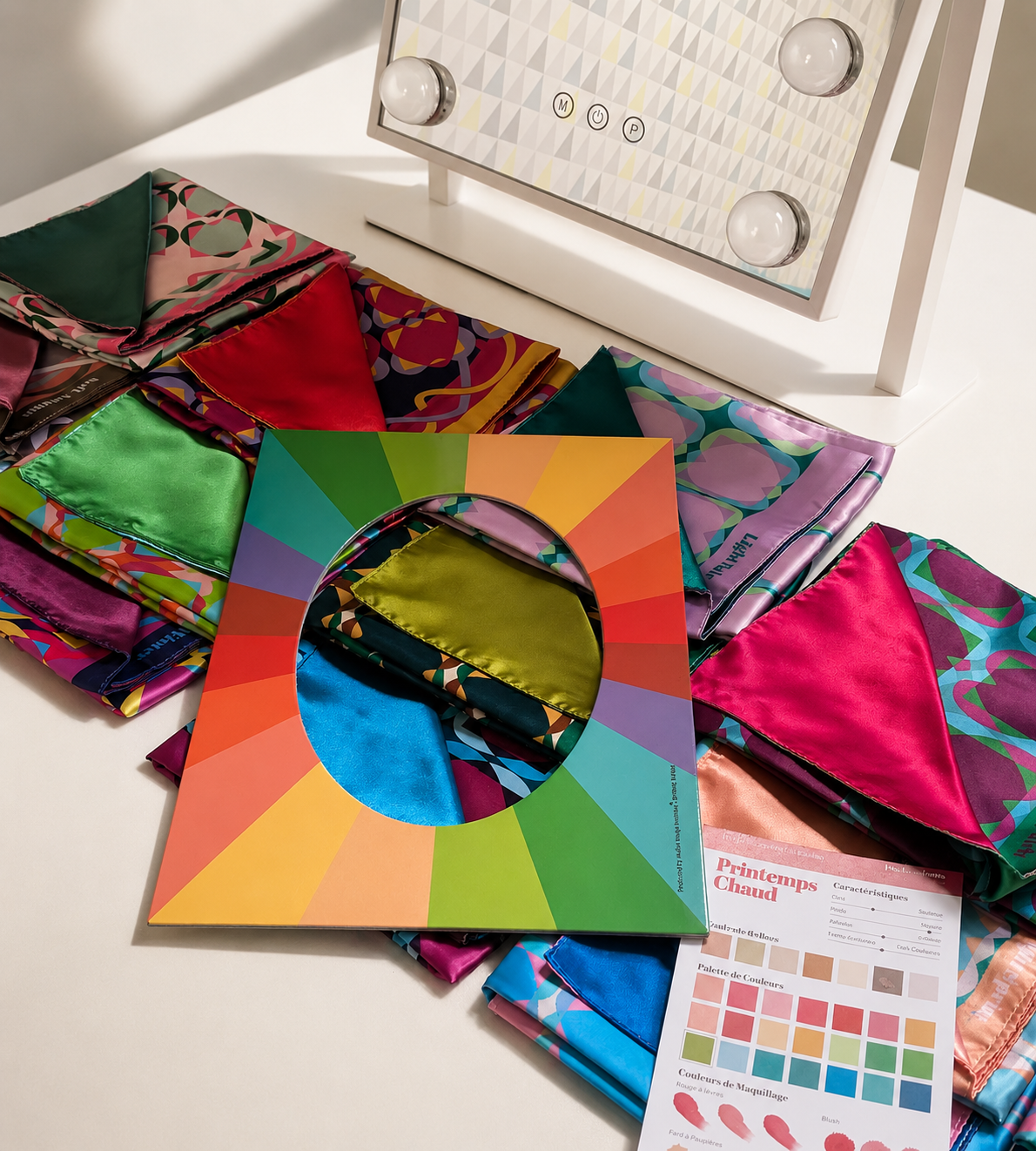 Échantillons de tissus colorés et un panneau de palette de couleurs sur une table, avec une lampe miroir à lumière blanche en arrière-plan.