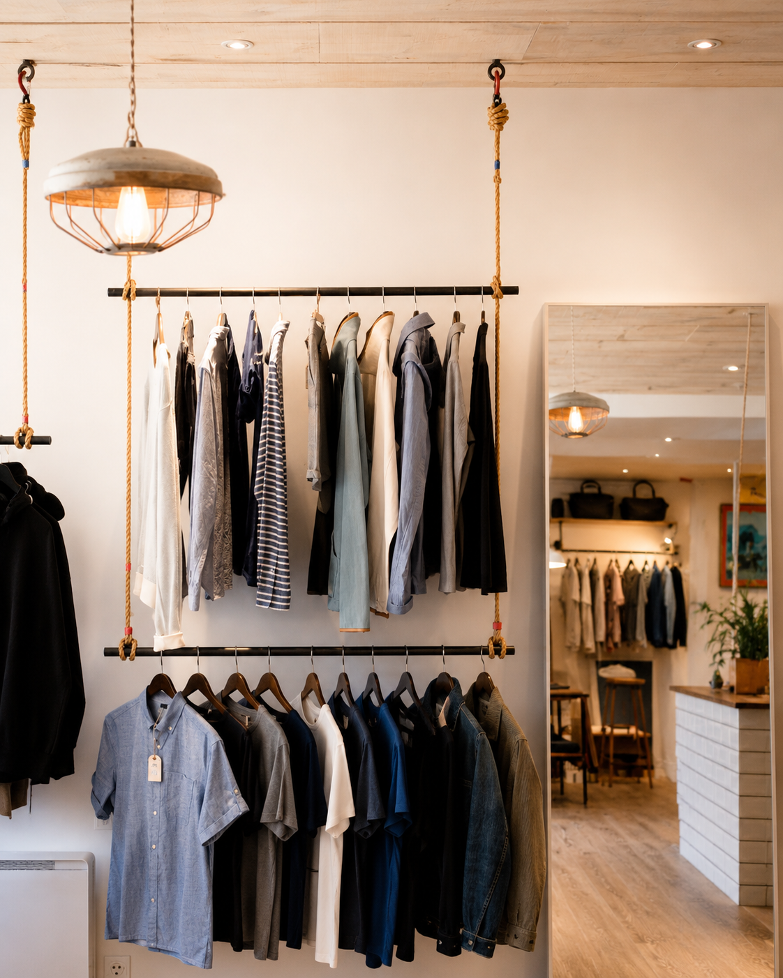 Vitrine avec vêtements suspendus et un grand miroir reflétant l'intérieur d'une boutique.