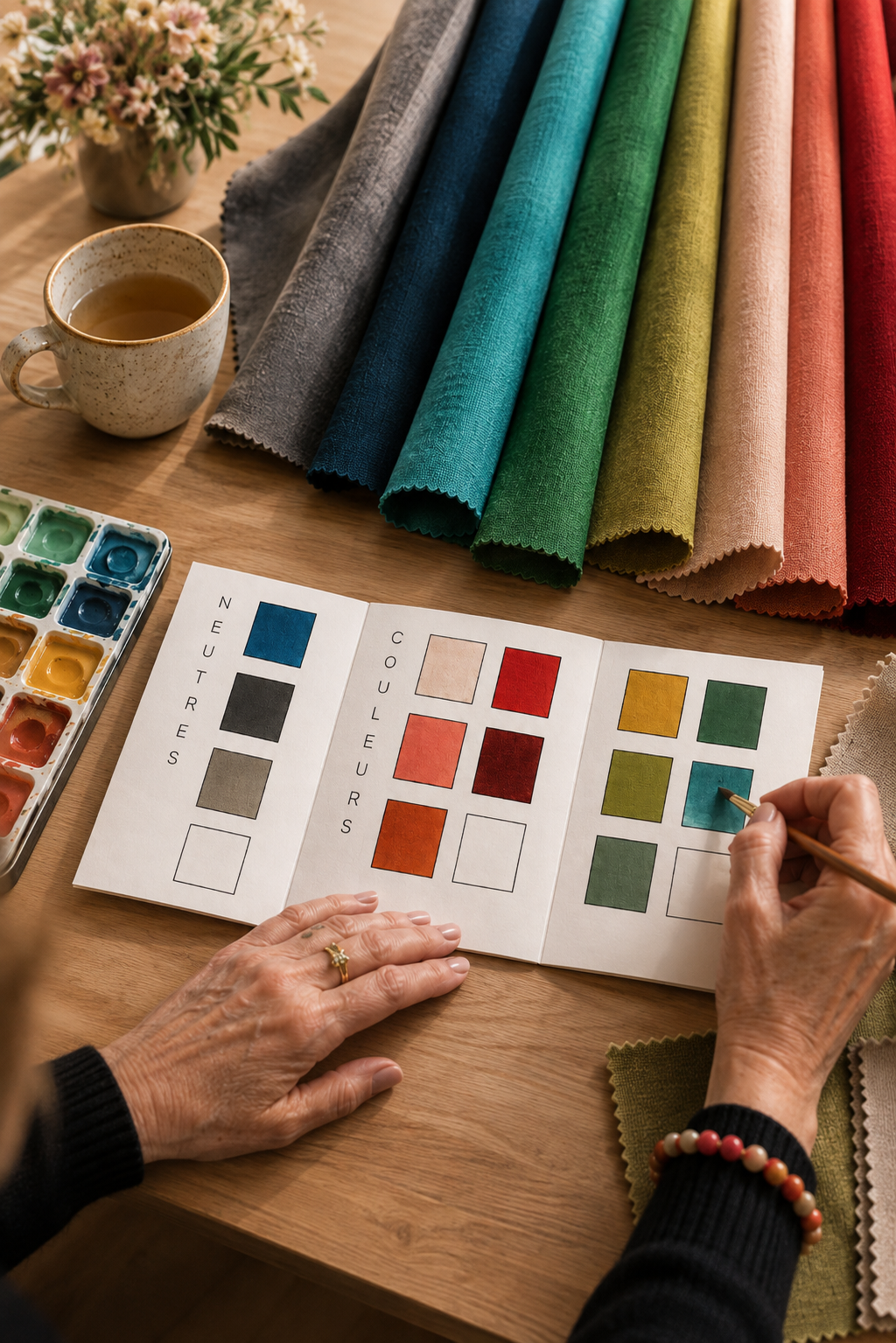 Une personne choisit une teinte de vert dans un échantillon de couleurs pour tissus, entourée de tissus colorés, une tasse à thé, une palette de peinture et un bouquet de fleurs.