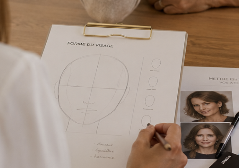 Une personne tient un stylo et trace le contour d'un visage sur une fiche. La fiche est fixée à un tableau à clip, avec des instructions sur la forme du visage et des exemples d'images de femmes souriantes.