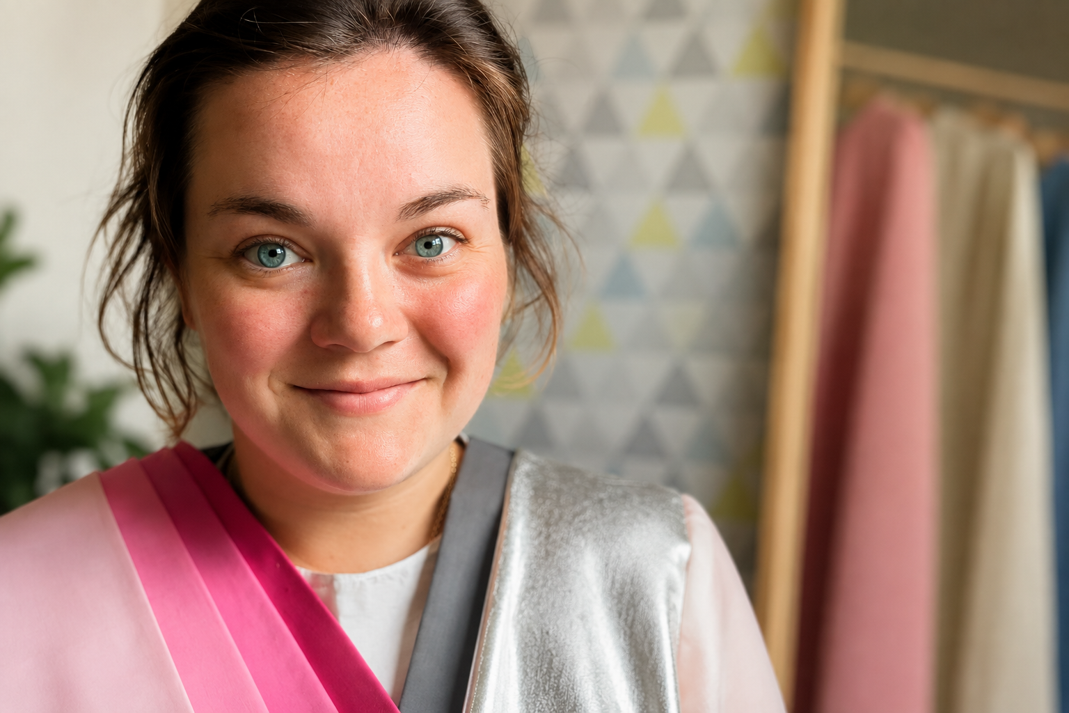 Une femme souriante en robe de cérémonie rose et argentée devant un fond de tissus colorés et un mur à motif géométrique.