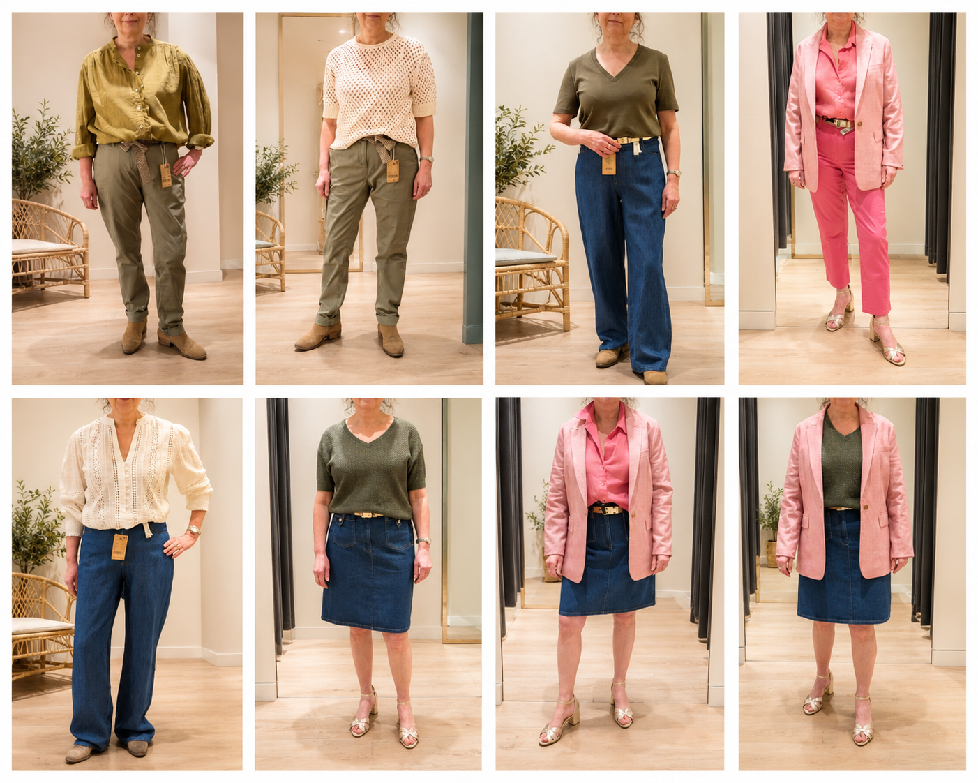 Une série de huit photos de femmes portant différentes tenues dans un vestiaire ou une boutique, mettant en valeur divers styles de vêtements pour femmes, y compris des pantalons, des jupes, des hauts, des vestes et des chaussures.