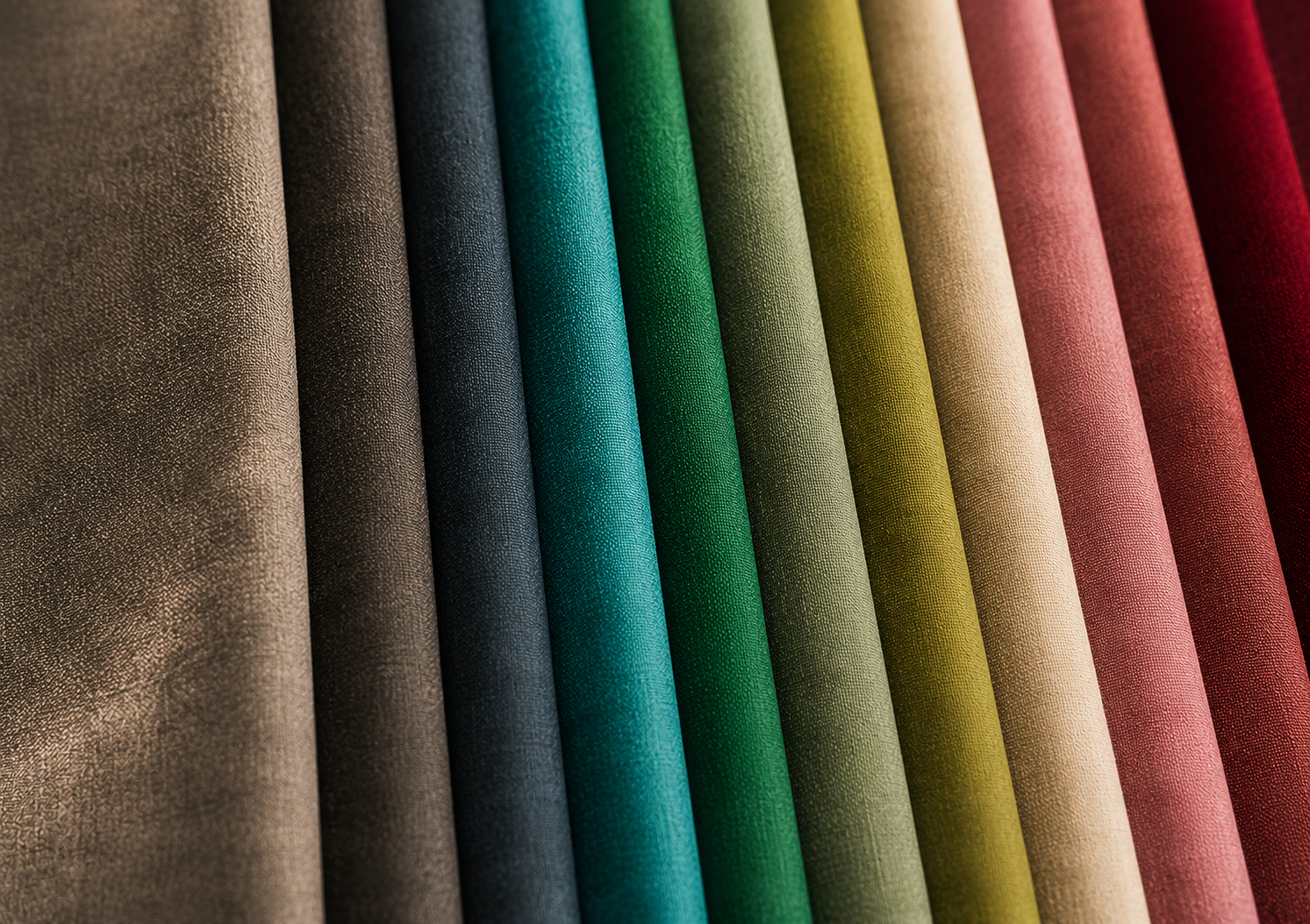 Tissus de différentes couleurs disposés en rangée, allant du beige au rouge foncé.