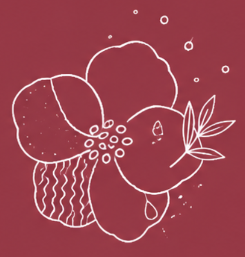 illustration minimaliste d'une pomme avec une branche et des feuilles, dessin en traits blancs sur fond rose