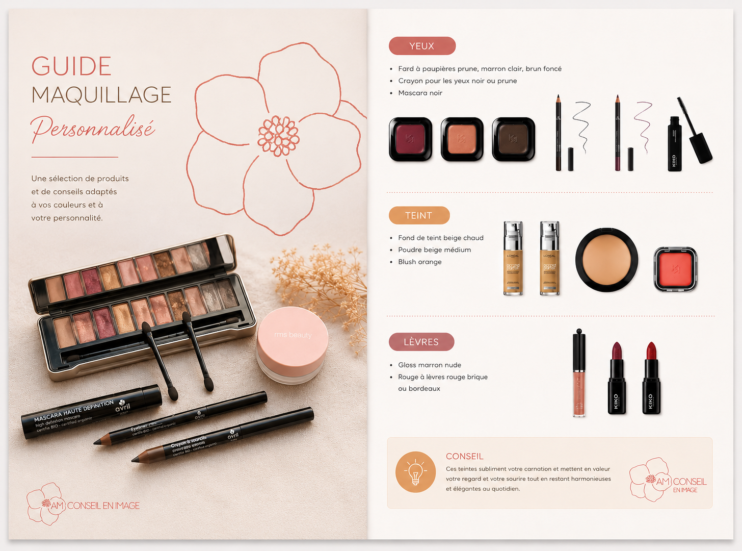 Guide de maquillage personnalisé avec produits pour les yeux, le teint et les lèvres, comprenant palette de fards, crayon eyeliner, mascara, pinceaux, blush, rouges à lèvres et conseils beauté.