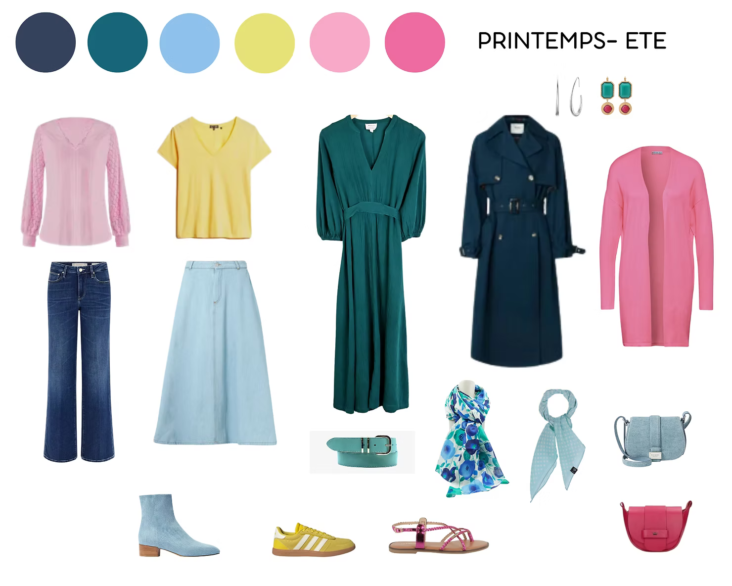 Planche vestimentaire tendance avec styles de robes, jupes, pantalons et chaussures