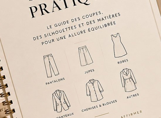 Page d'un guide de couture montrant des esquisses de différents types de vêtements, notamment pantalons, jupes, robes, manteaux, chemises et blouses, autres.