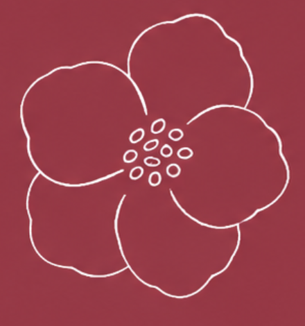 Une illustration d'une fleur stylisée blanche sur un fond rouge