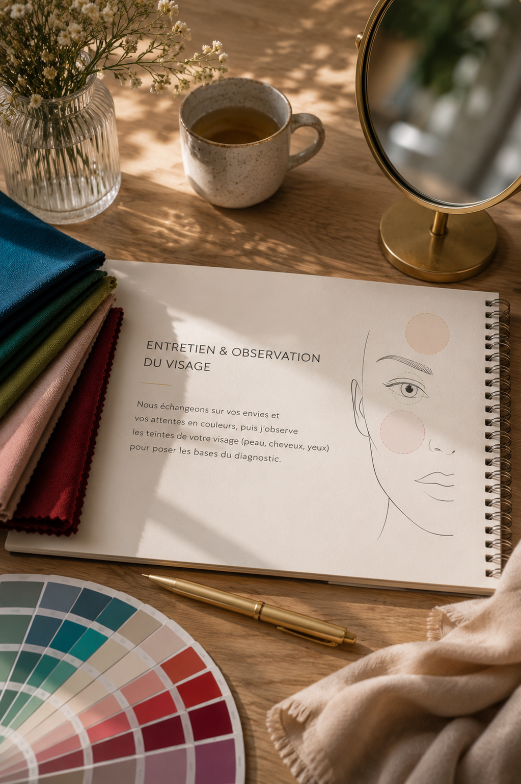 Une table en bois avec un livre sur l'entretien du visage, un pot de fleurs, une tasse de thé, des tissus de différentes couleurs, un miroir rond avec une base dorée, un stylo doré, un nuancier de couleurs, et un chiffon beige.