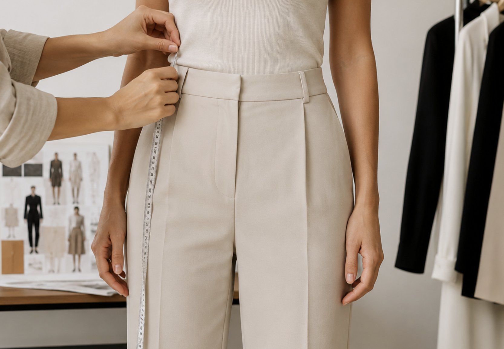 Une personne essaie un pantalon beige et une autre mesure sa taille avec un ruban de couture