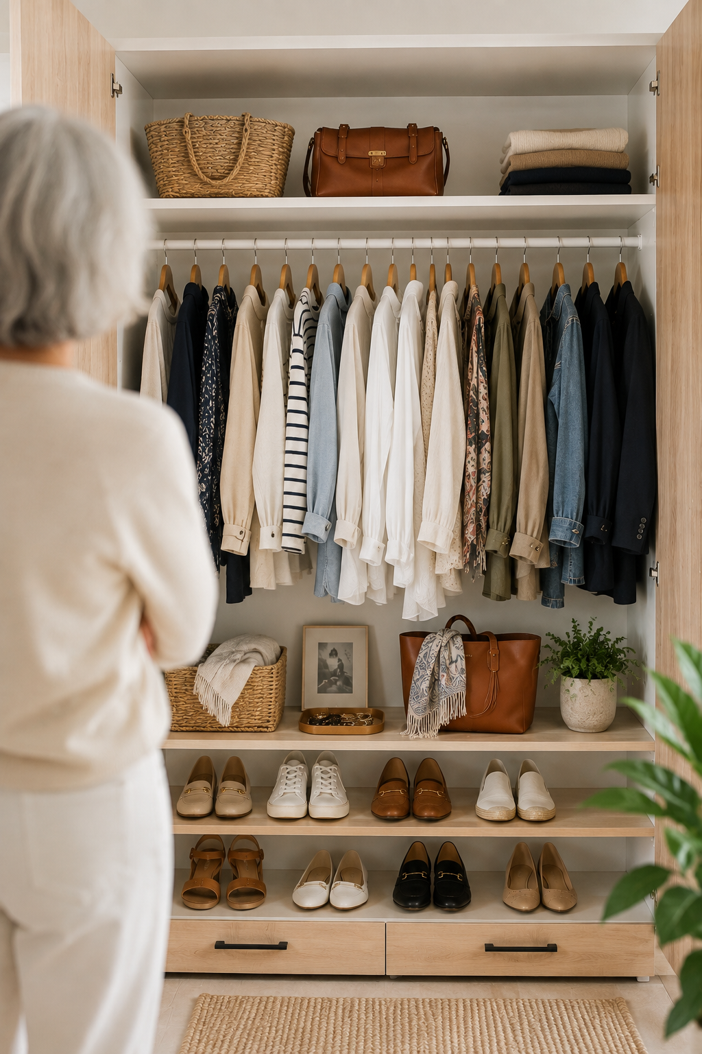 Armoire ouverte avec vêtements suspendus, chaussures en bas, paniers et accessoires décoratifs.