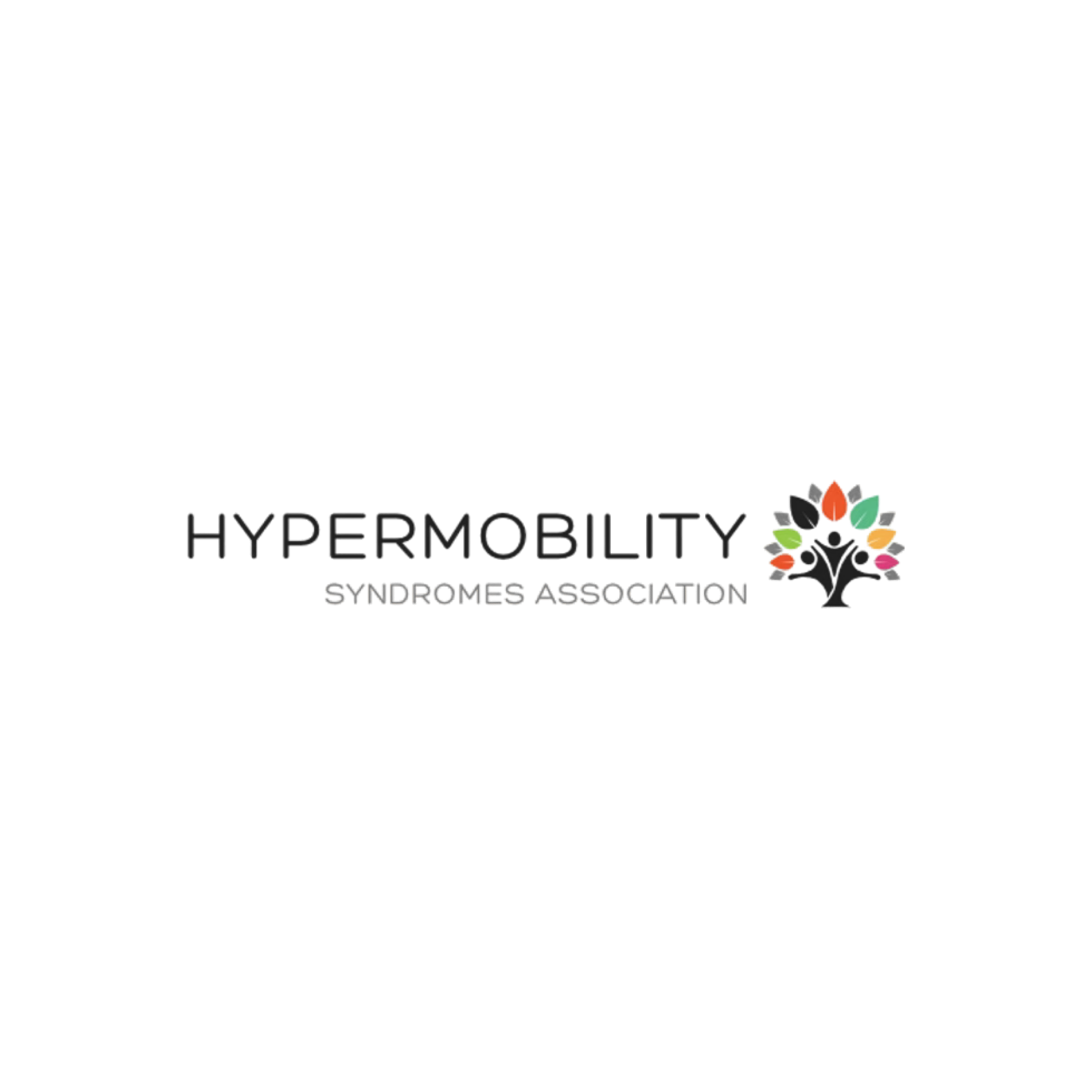 Logo of the HyperMobility Syndromes Association featuring a stylized tree with multi-colored leaves.