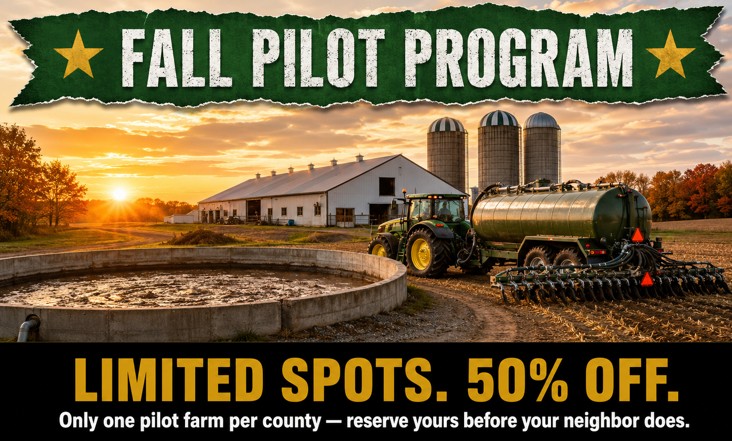 DNA Ag Solutions Fall 2026 Pilot Program banner — 50% off manure odor and hydrogen sulfide treatment for one dairy farm per county, call 717-500-6181 to reserve a spot