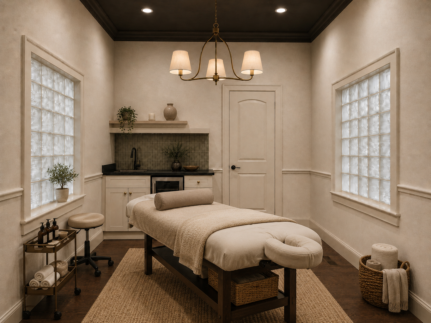 A massage therapy room with a massage table, a small kitchenette, and natural lighting from two large windows with glass block panels.