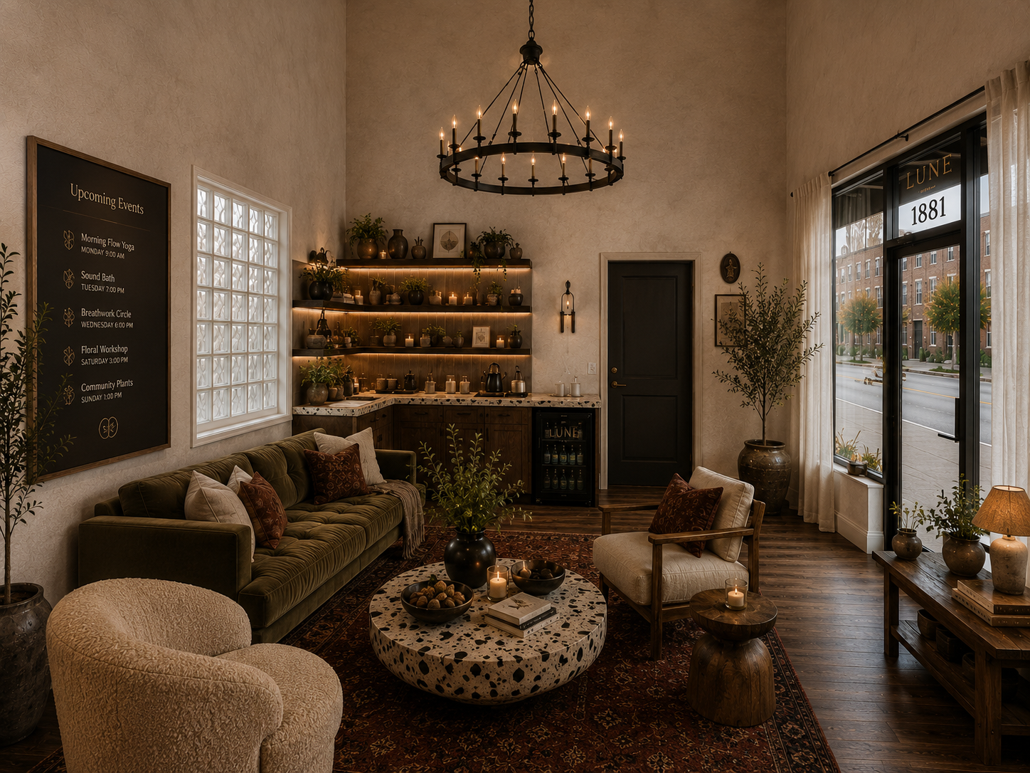 Concept rendering of Lune's lounge and tea bar with large windows, cozy seating and a warm ambiance.