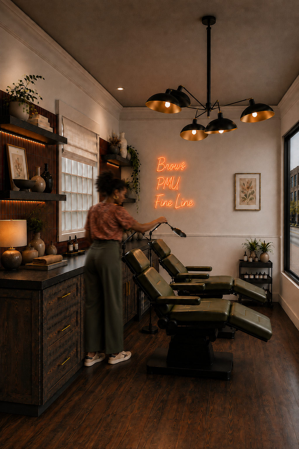 Interior of a modern nail salon with three adjustable green chairs, a woman adjusting one, dark wooden floors, shelves with decorative vases and plants, and a neon sign saying 'Brows, PMU, Fine Line' on the wall next to a framed artwork and a window.