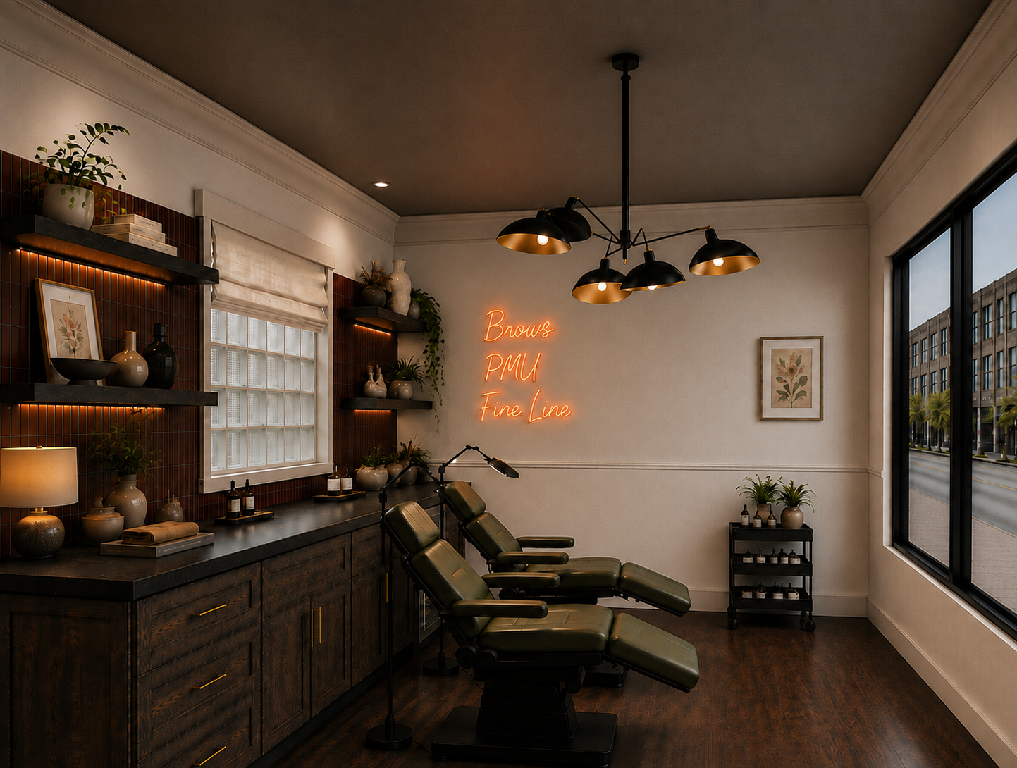 A modern boutique in a city with a treatment table, neon sign, shelves with decor, and large windows showing a city street.