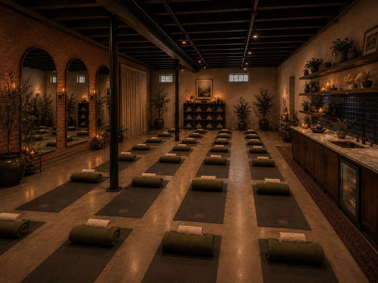 A serene yoga class setup in a dimly lit studio with mats, rolled towels, candles, and potted plants, featuring a warm, cozy ambiance with decorations and shelves on the walls.