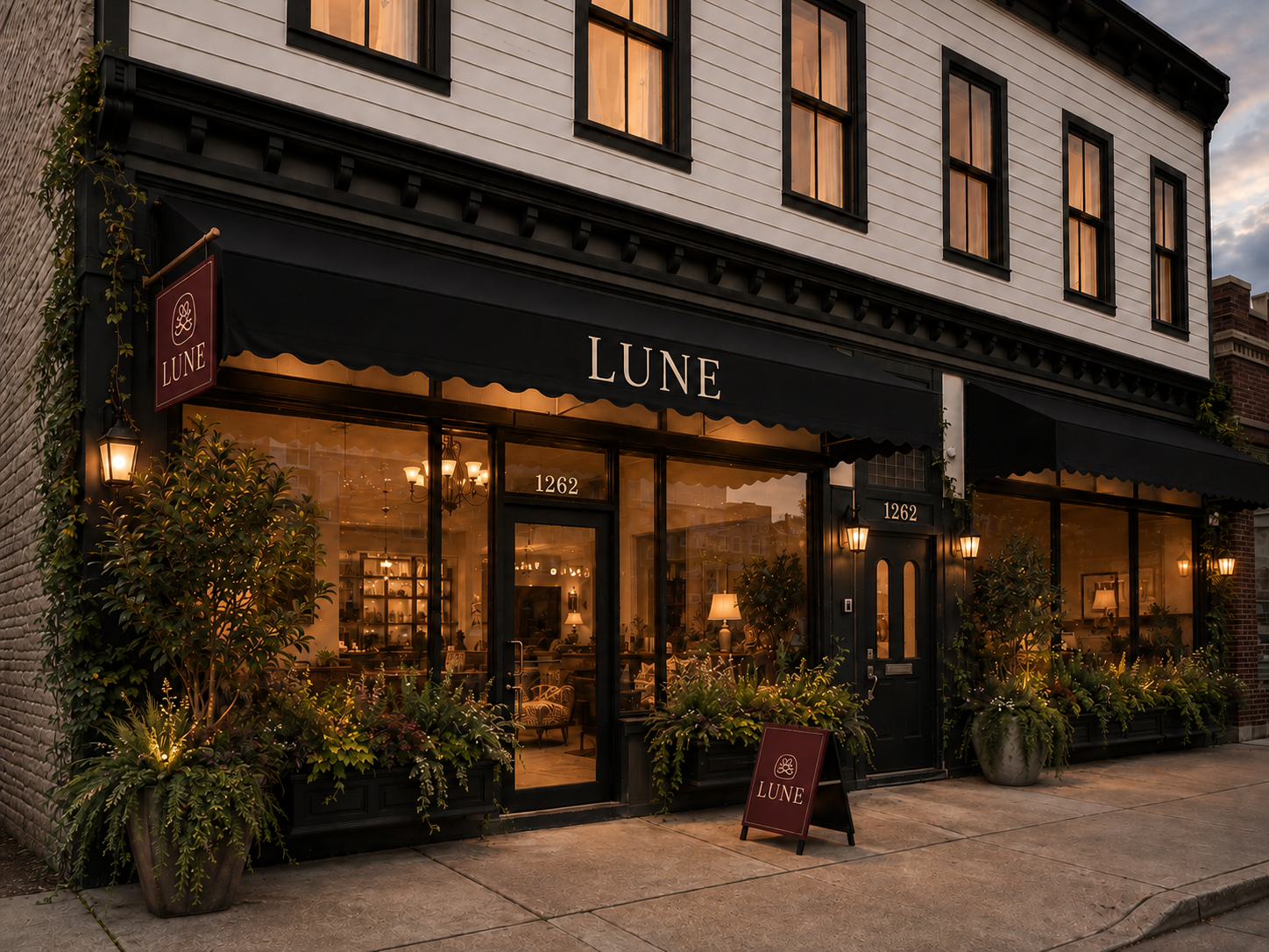 Concept rendering of Lune's exterior –  black awning, large glass windows, and potted plants outside at dusk. Warm interior lighting visible through windows.