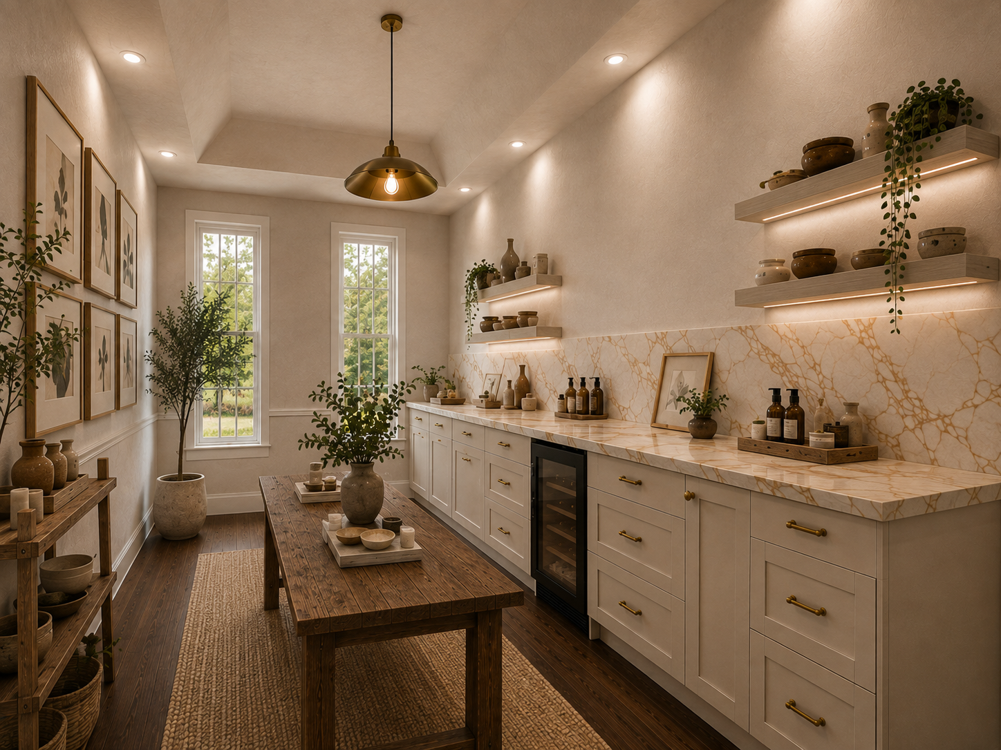 A modern kitchen with white cabinetry, marble countertop, floating shelves with decorative vases and plants, and a wooden table with vases and bowls. There are two tall windows providing natural light, and framed botanical art on the wall. Potted plants are on the floor, and the ceiling has recessed lighting with a central pendant lamp.