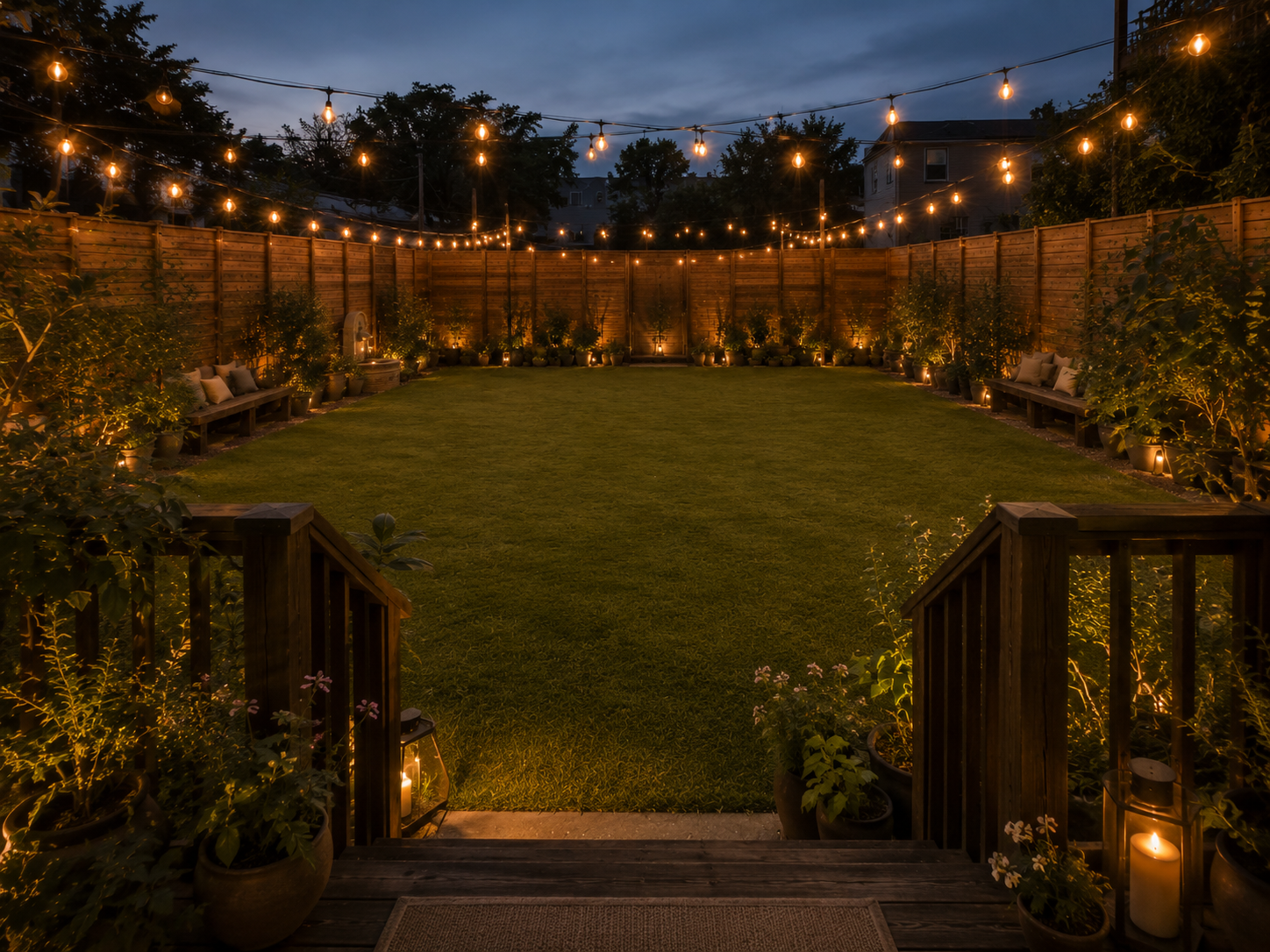 A backyard at dusk with string lights hanging overhead, surrounded by a wooden fence, potted plants along the perimeter, and benches with cushions on either side, a well-maintained grassy area in the center, and lanterns placed along the pathway.