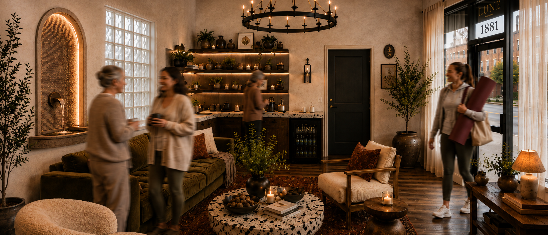 Concept rendering of Lune's shared lounge and hospitality space in Little Bohemia.