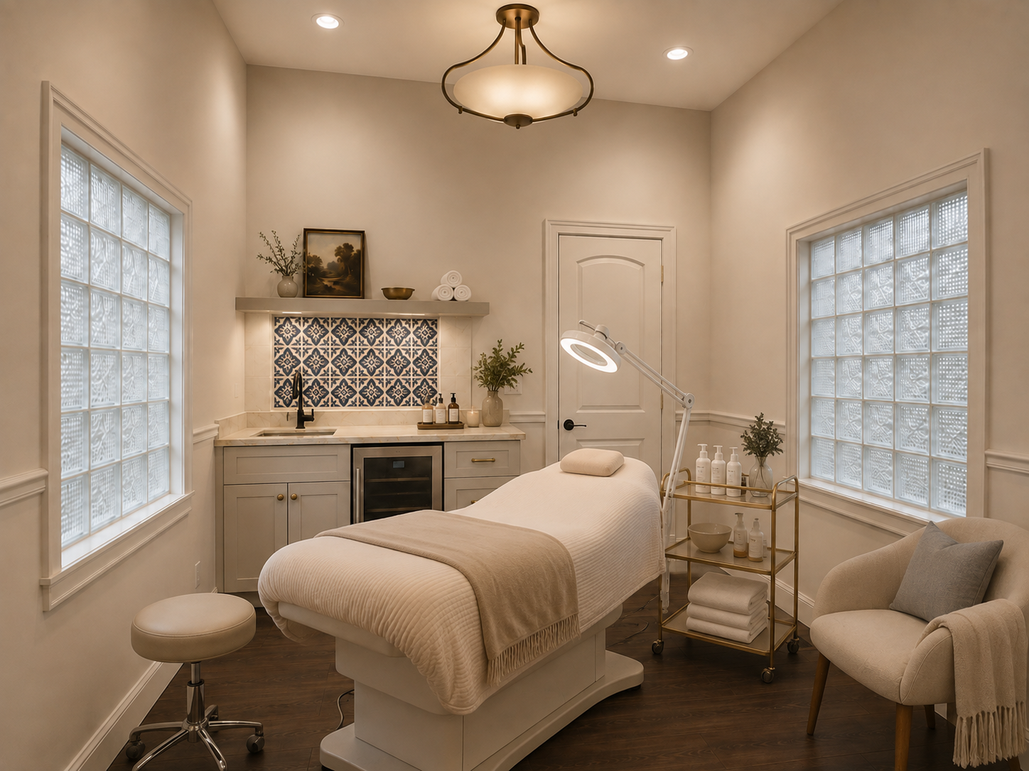 A spa treatment room with a massage bed, soft lighting, a rolling cart with lotions, a cozy chair, and windows with frosted glass blocks.