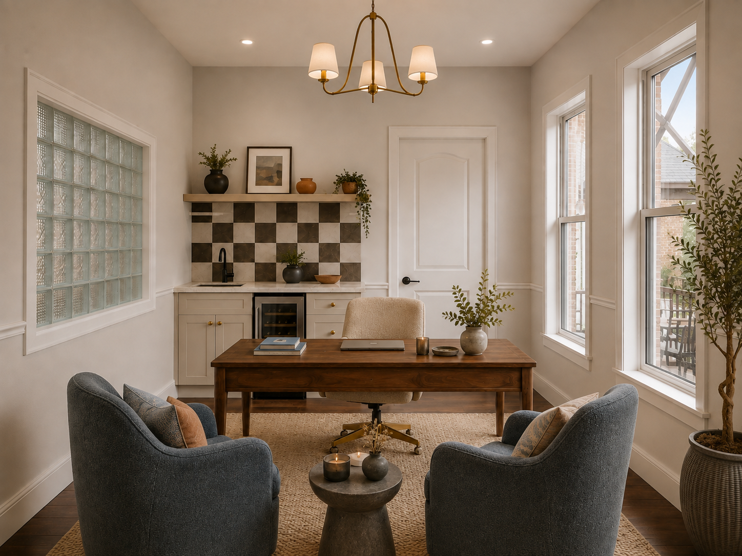 Interior of a cozy office or meeting space with a wooden table, two blue armchairs, a beige office chair, large windows, a small kitchenette with a sink and mini-fridge, decorative plants, candles, and wall decor.