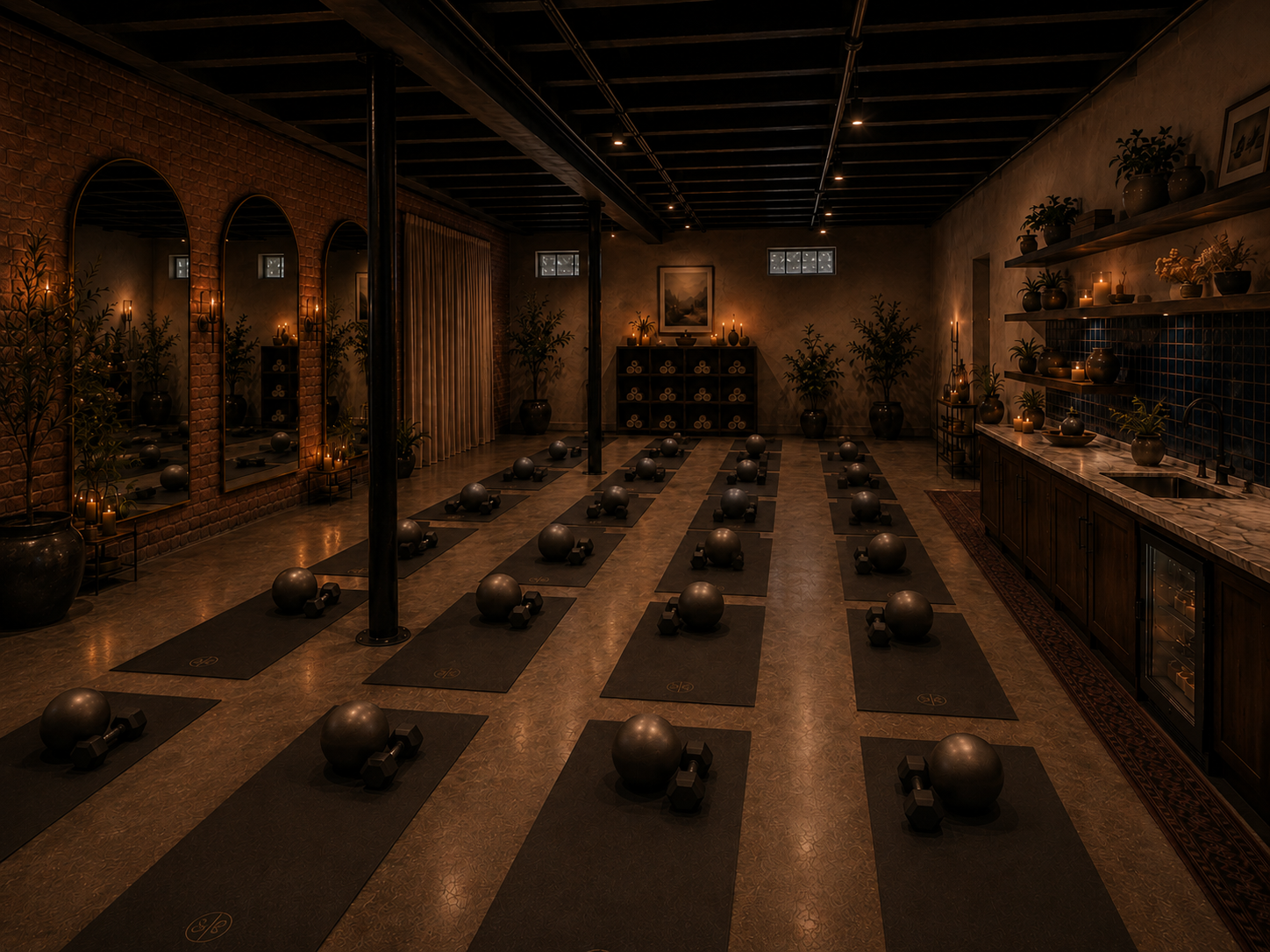 Yoga class room with mats, exercise balls, and dumbbells, dimly lit with candles, and decorated with plants and artwork.