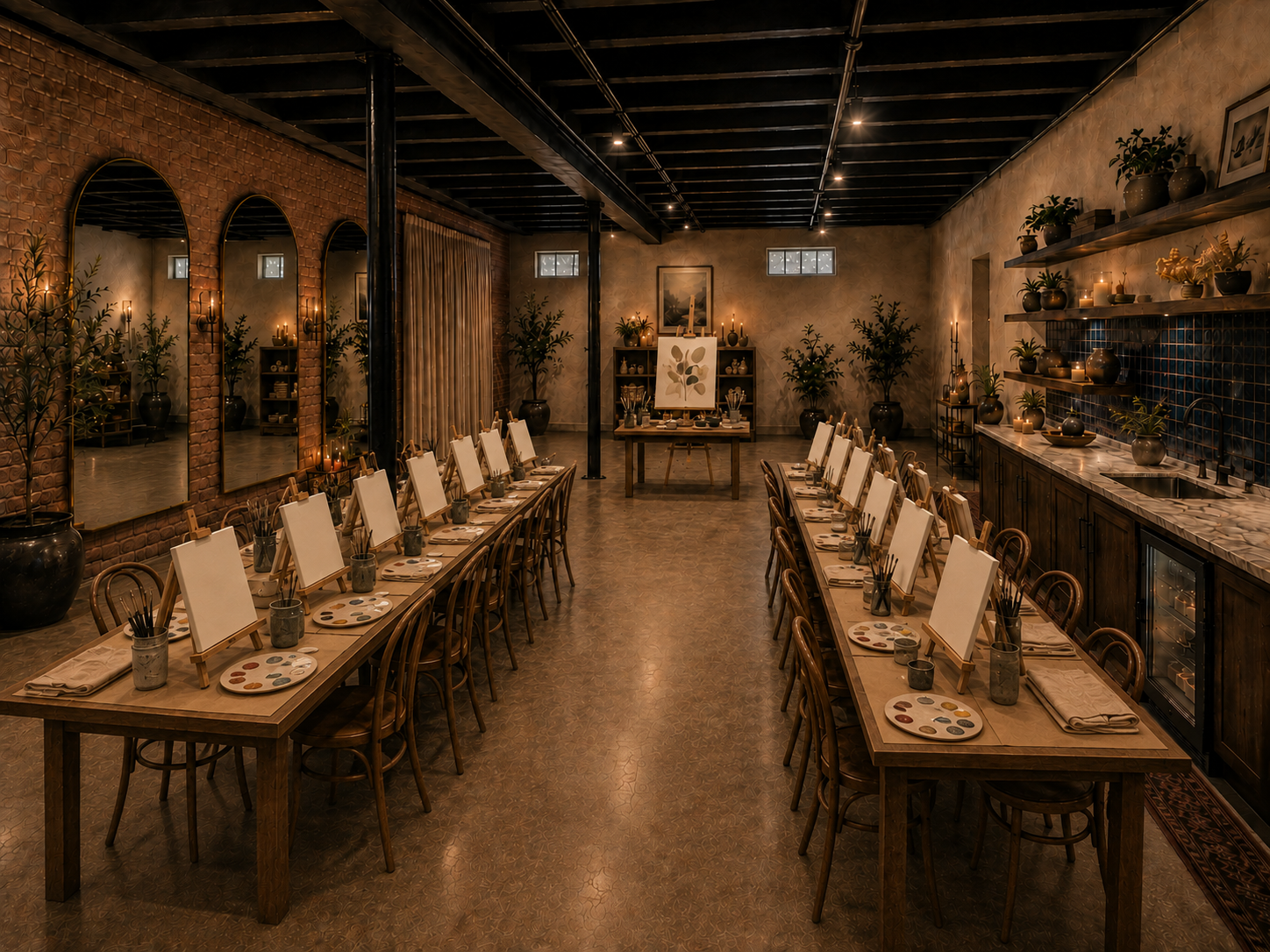 A cozy art studio classroom with two long wooden tables, set up for painting, surrounded by chairs and art supplies. The room features warm lighting, potted plants, large mirrors on brick walls, and shelves with vases and candles.